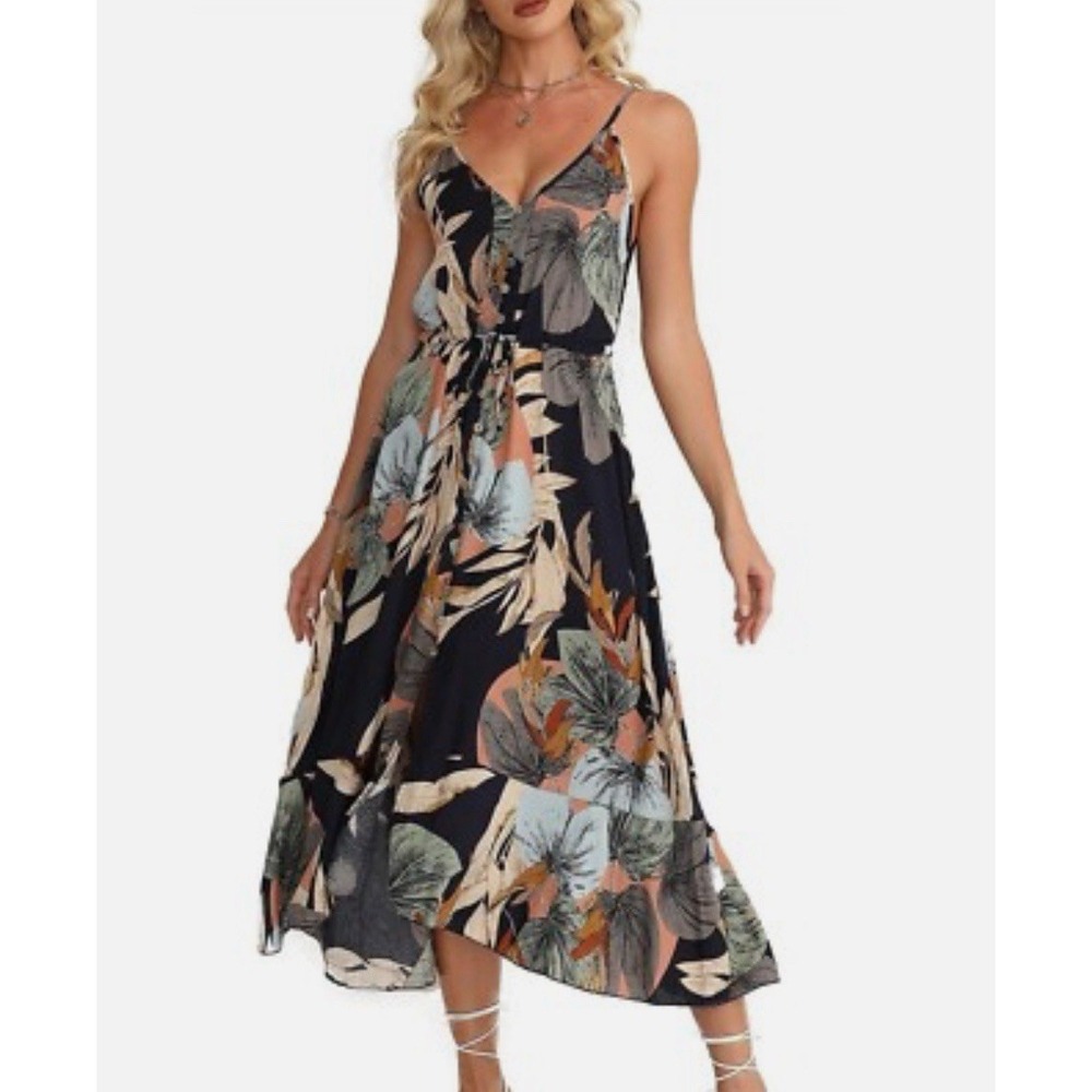 Brovave Bohemian Tropical Midi Button Dress‎ Women Large Black Beach Granolagirl